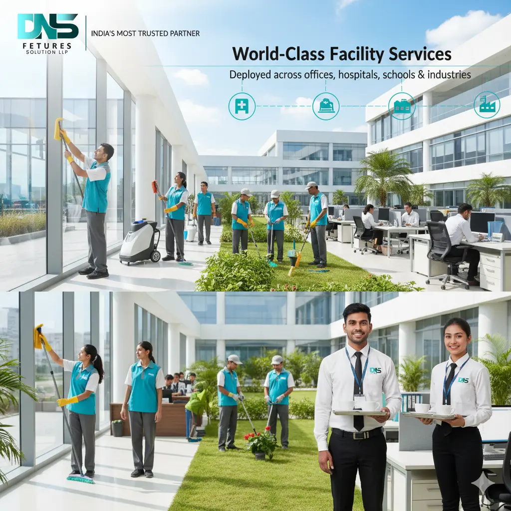 DNS Features Solution LLP facility management team performing professional housekeeping and operations services across corporate offices in India